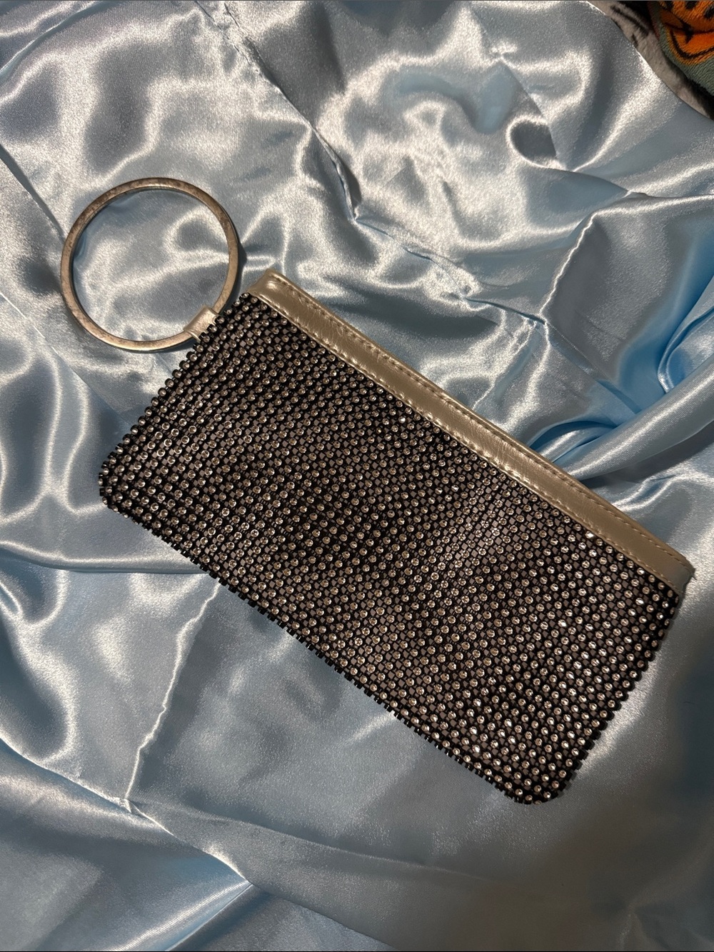 Crystal-Embellished Black and silver Wristlet Clutch with Silver Trim